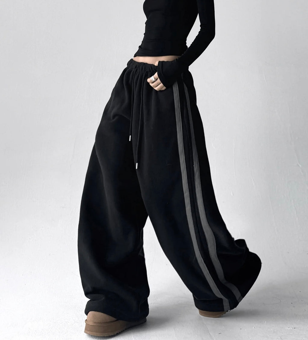 Double Stripe Fleece-Lined Wide-Leg Sweatpants